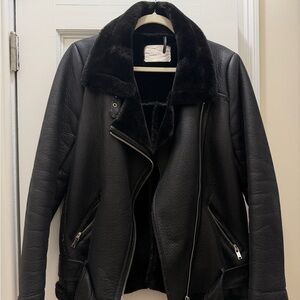 Zara Black Faux Shearling Leather Moto Jacket
